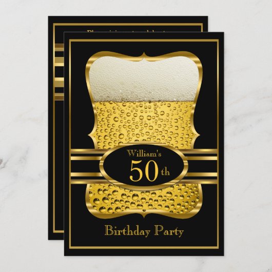 Beer Black Gold Birthday Party Invitation Kaart (Voorkant / Achterkant)