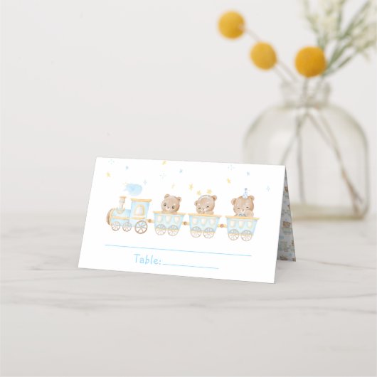 Beer Blauw Trein Baby shower Tafelnummer Plaatskaartje (Voorkant)