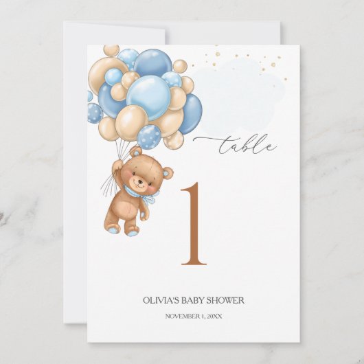 Beer Blauwe ballonnen Baby shower Tabel Nummer 5"  Aankondiging (Voorkant)