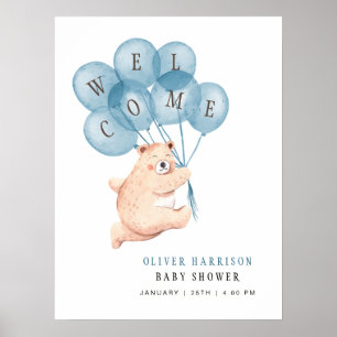 Beer Blauwe Ballonnen Jongen Baby shower Welkomstb Poster