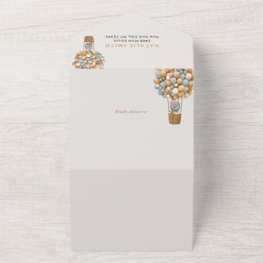 Beer, blauwe ballonnen, luchtballon, Baby shower All In One Uitnodiging (Buitenkant)