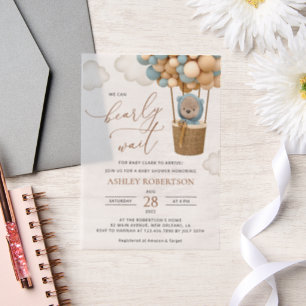 Beer, blauwe ballonnen, luchtballon, Baby shower Vellum Uitnodigingen