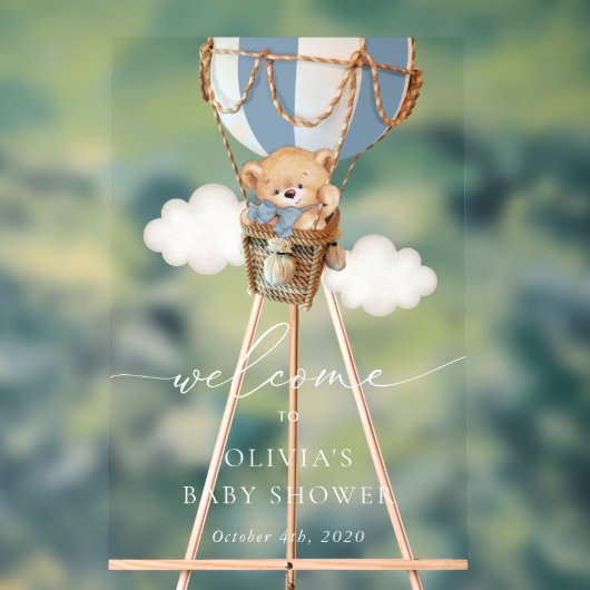 Beer, Blauwe heteluchtballon, Baby shower Welkom Acryl Bord (Neutraal)