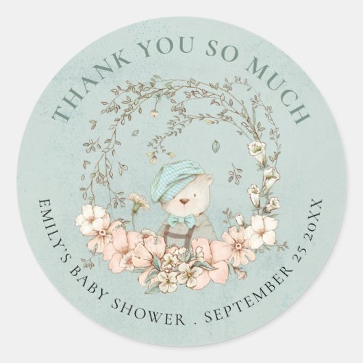  Beer Bloemen Dank u Groen Baby shower Ronde Sticker (Voorkant)