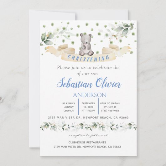 Beer Blue Floral Greenery Baptism Girl Invitation Kaart (Voorkant)
