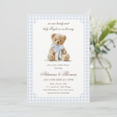 Beer Blue Gingham Jongens Baby Shower Kaart (Staand voorkant)
