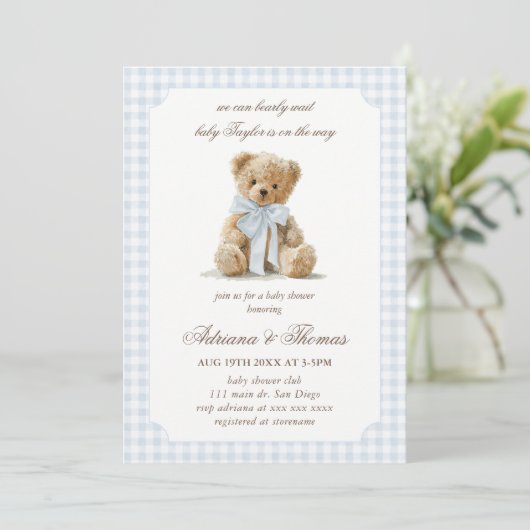 Beer Blue Gingham Jongens Baby Shower Kaart (Staand voorkant)