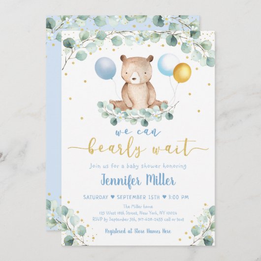 Beer Blue Gold Greenery Baby shower Kaart (Voorkant / Achterkant)