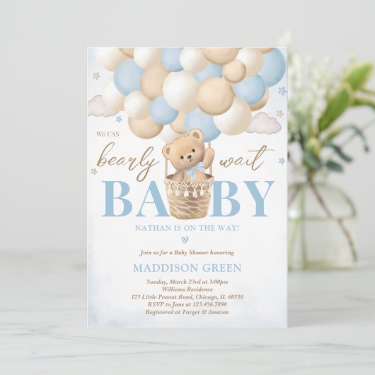 Beer Blue Hete Luchtballon Boy Baby shower Kaart (Staand voorkant)