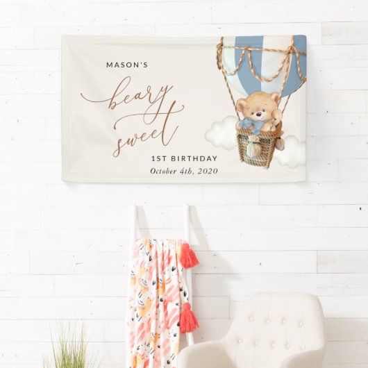 Beer, Blue Hot Air Balloon, Eerste Verjaardag Welk Spandoek (Insitu)