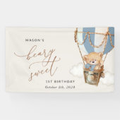 Beer, Blue Hot Air Balloon, Eerste Verjaardag Welk Spandoek (Horizontaal)