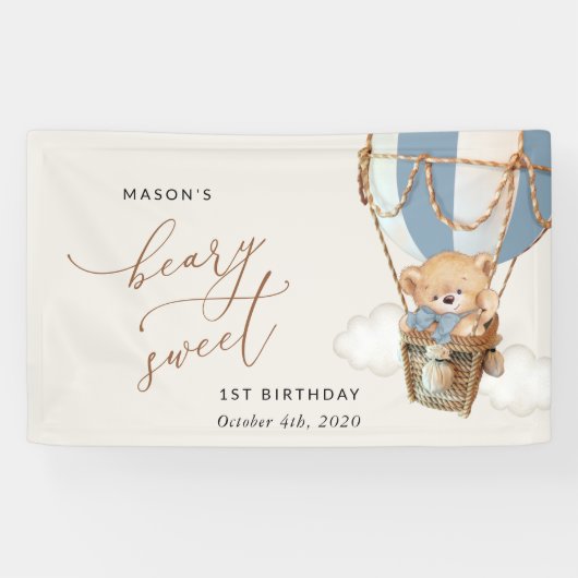 Beer, Blue Hot Air Balloon, Eerste Verjaardag Welk Spandoek (Horizontaal)