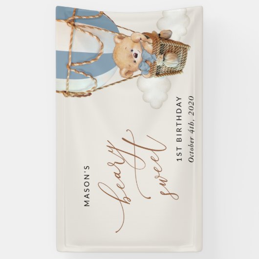 Beer, Blue Hot Air Balloon, Eerste Verjaardag Welk Spandoek (Verticaal)