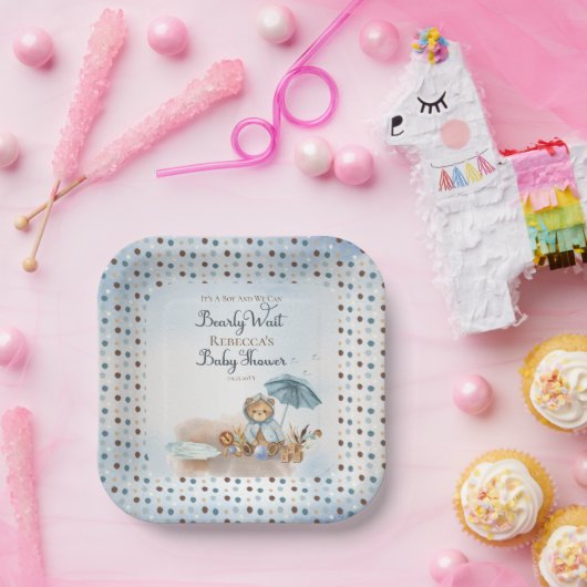 Beer | Blue Umbrella Barly Wait Boy Baby shower P Papieren Bordje (Feest)