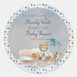 Beer | Blue Umbrella Barly Wait Boy Baby shower Ronde Sticker