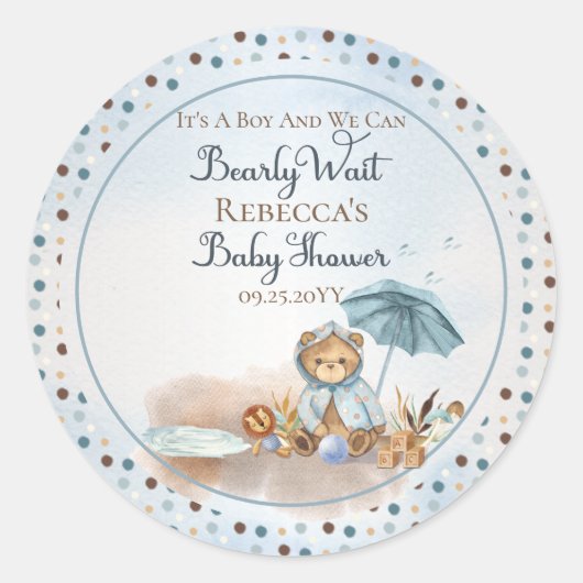 Beer | Blue Umbrella Barly Wait Boy Baby shower Ronde Sticker (Voorkant)