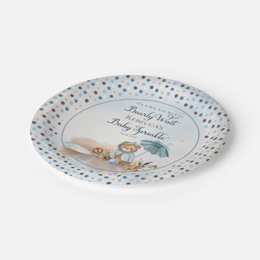 Beer | Blue Umbrella Barly Wait Boy Baby Sprinkle Papieren Bordje (Gekanteld)