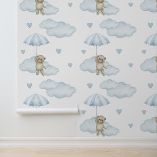 Beer Blue Umbrella Clouds Hearts Baby Boy Nursery Behang