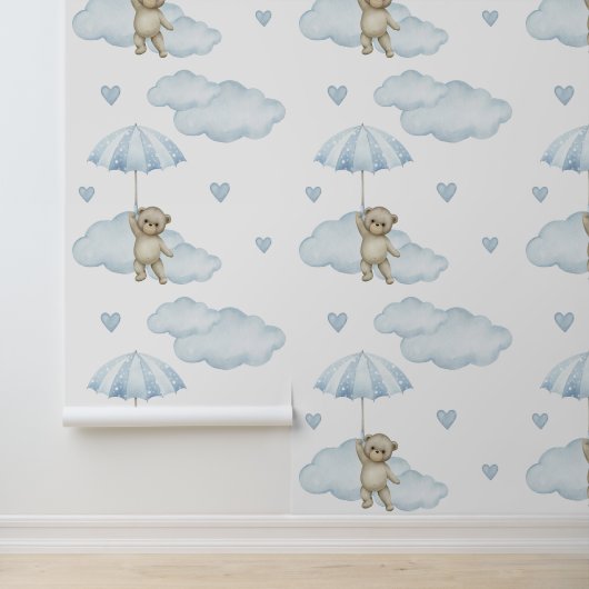 Beer Blue Umbrella Clouds Hearts Baby Boy Nursery Behang (Applicatie)
