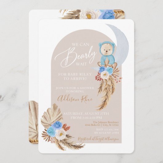 Beer Boho Blue Floral Baby Boy Shower Kaart (Voorkant / Achterkant)
