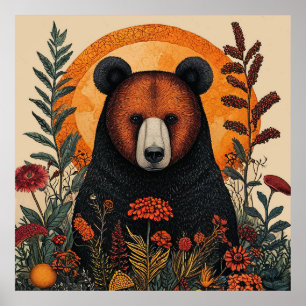 Beer Bos Bloemstuk Wandkunst Natuur Dierendecorati Poster