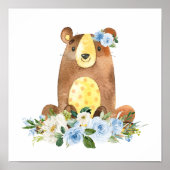 Beer, Bosdieren, Boho, Blauwe bloemen Poster (Voorkant)