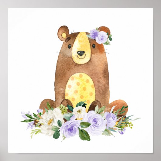 Beer, Bosdieren, Boho, Paarse bloemen Poster (Voorkant)