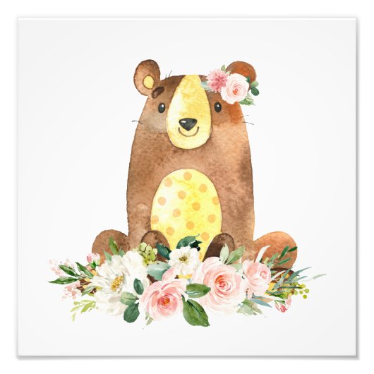 Beer, Bosdieren, Boho, Roze Bloemen Foto Afdruk (Voorkant)