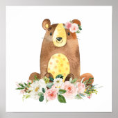 Beer, Bosdieren, Boho, Roze Bloemen Poster (Voorkant)