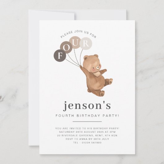 Beer bruine ballonnen 4e verjaardag kaart (Voorkant)