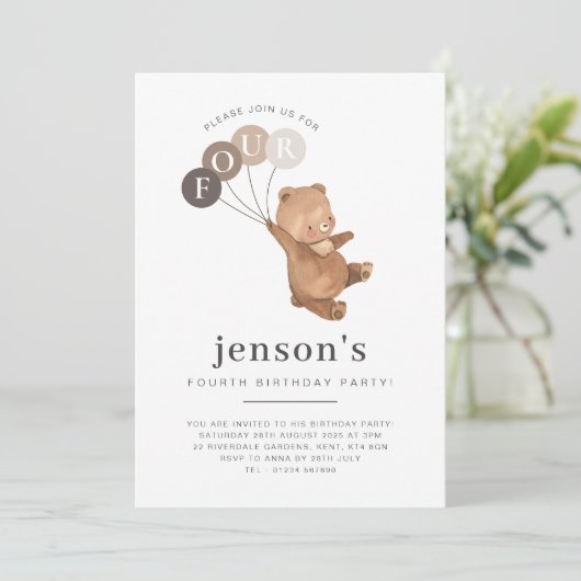 Beer bruine ballonnen 4e verjaardag kaart (Staand voorkant)