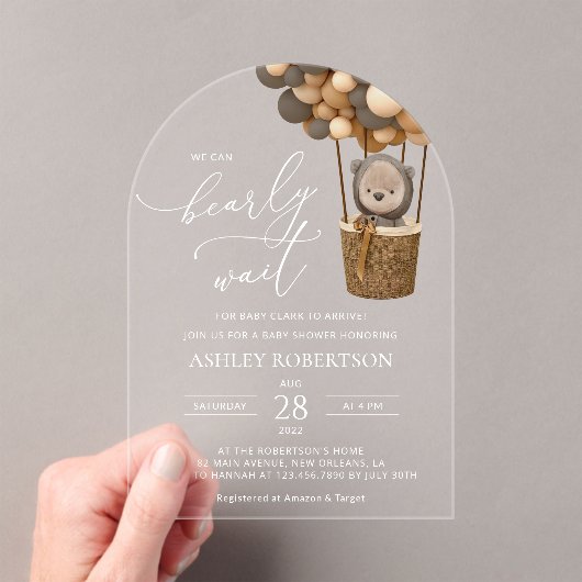 Beer, bruine ballonnen, heteluchtballon, Baby show Acryl Uitnodigingen (Insitu (Draagbaar))