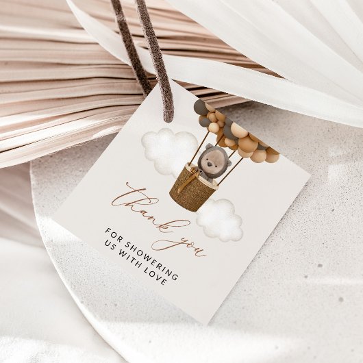 Beer, bruine ballonnen, heteluchtballon, Baby show Bedankjes Labels