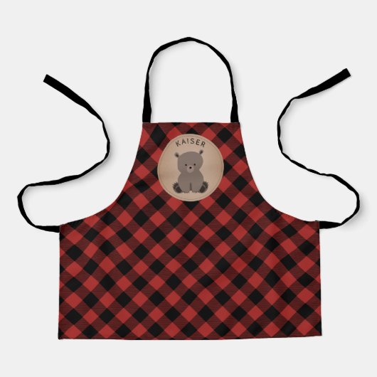 Beer Buffel Plaid Patroon Rood en Zwart Kinder Schort (Voorkant)