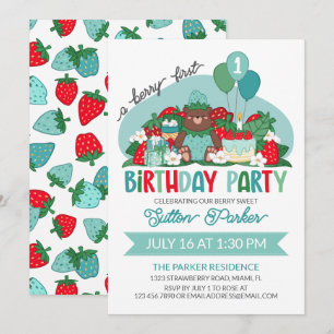 Beer Cub Blue Aardbeienbes 1e verjaardagsfeest Kaart