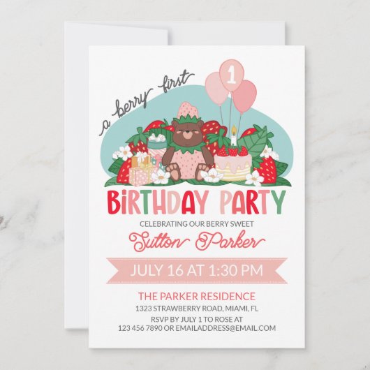 Beer Cub Roze Aardbei Berry 1e Verjaardag Party Kaart (Voorkant)