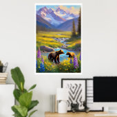 Beer Cub Snow Mountain Meadow Wildflower Schilderi Poster (Thuiskantoor)