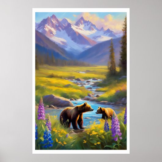 Beer Cub Snow Mountain Meadow Wildflower Schilderi Poster (Voorkant)