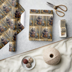 Beer die cello speelt in herfstbossen cadeaupapier
