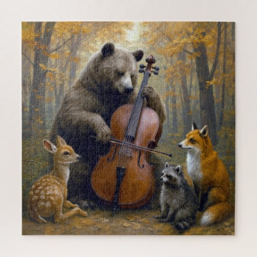 Beer die cello speelt in herfstbossen legpuzzel (Verticaal)