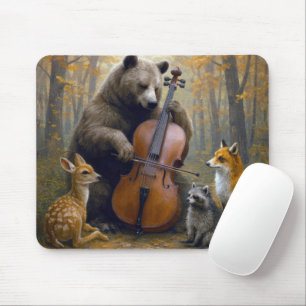 Beer die cello speelt in herfstbossen muismat