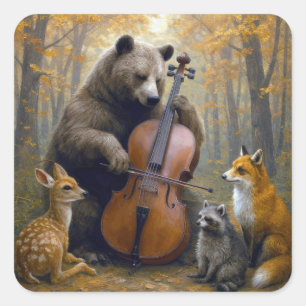 Beer die cello speelt in herfstbossen vierkante sticker