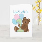 Beer Eerste Verjaardag Blauwe Tshirts en Cadeaus Kaart (Gele Bloem)