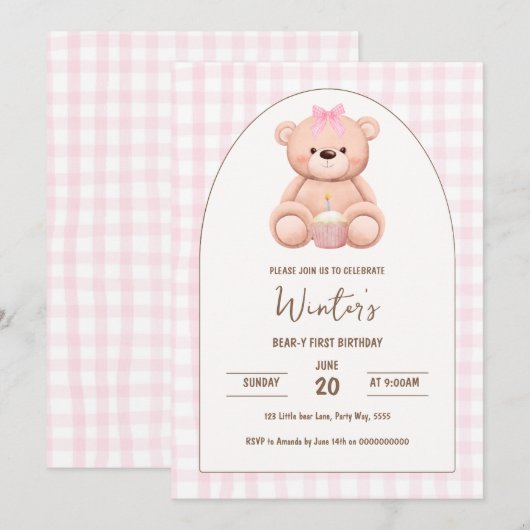 Beer Eerste Verjaardag Neutraal Teddy Pink Gingham Kaart (Voorkant / Achterkant)