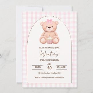 Beer Eerste Verjaardag Neutraal Teddy Pink Gingham Kaart