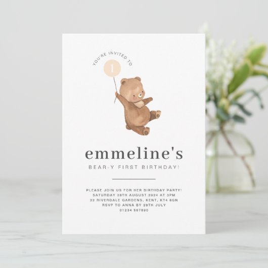 Beer Eerste verjaardag Uitnodiging Oranje ballon (Staand voorkant)