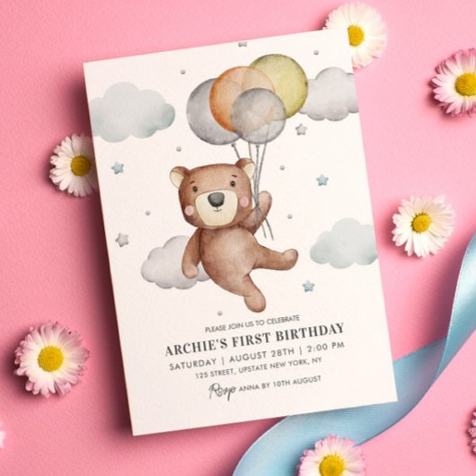 Beer Eerste Verjaardag Uitnodigingsballon Schattig Kaart