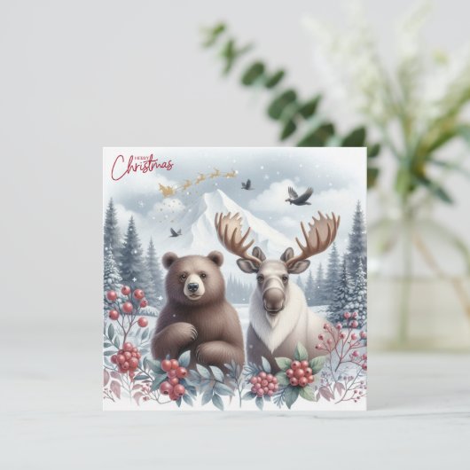 Beer, elanden en mooie natuur met kerst feestdagenkaart (Staand voorkant)