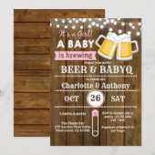 Beer en BabyQ stellen baby shower uitnodiging roze (Voorkant / Achterkant)