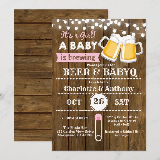 Beer en BabyQ stellen baby shower uitnodiging roze (Voorkant / Achterkant)